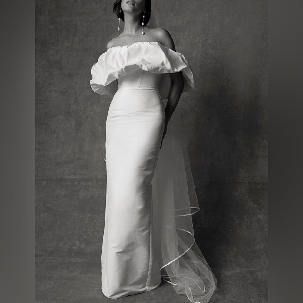 Sarah Seven Gemma white column puff off shoulder wedding gown Dress 12